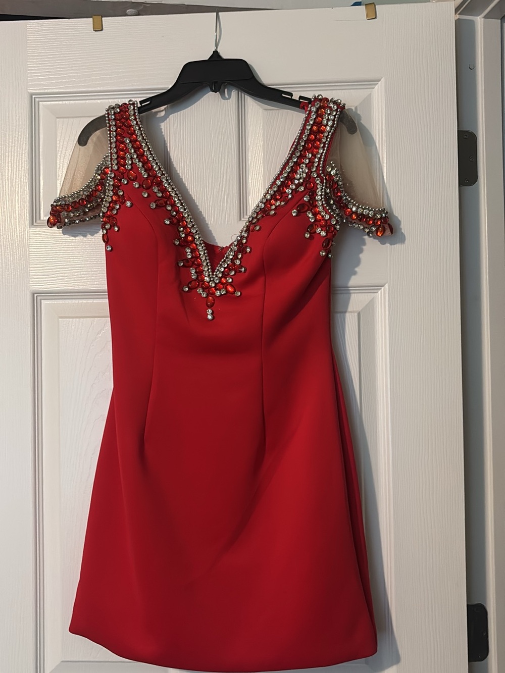 Red Embellished V-Neck Cocktail Dress